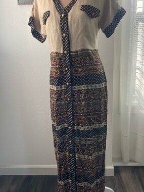 John Roberts Beige and Brown Patterned Maxi Dress with Button-Front, Size 10